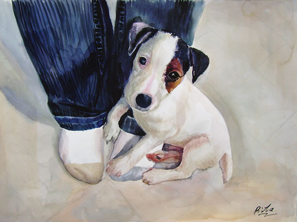 custom watercolor painting of puppy on owners foot