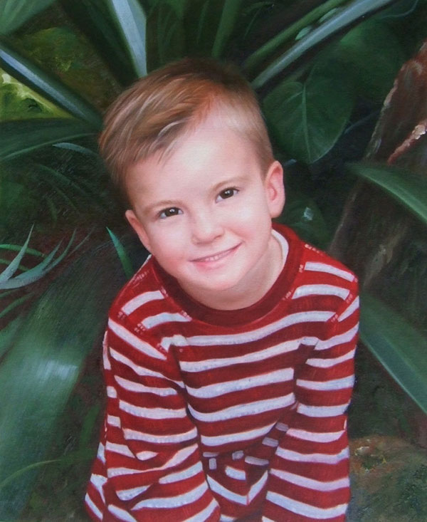 an oil painting of an young child stripped red white outfit