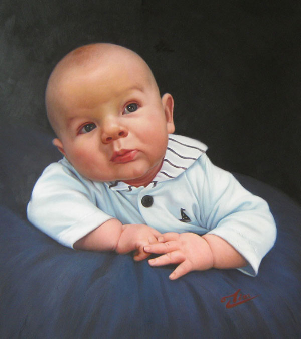 an oil painting of a toddler laying on a cushin