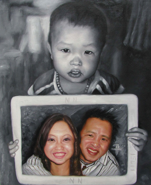 an oil painting of a child holding a painting of his parents