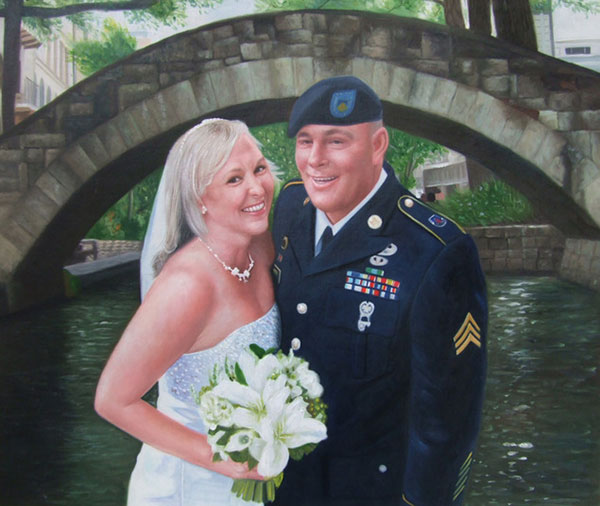 a custom oil painting of couple near city river