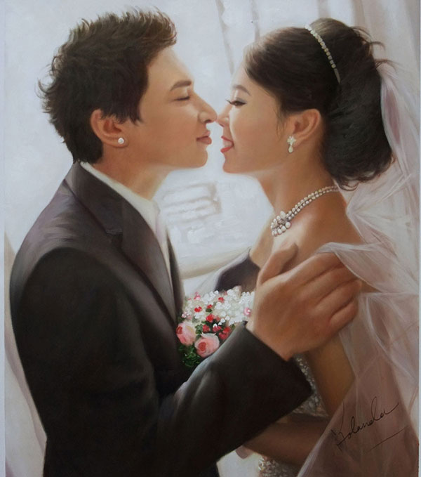 oil wedding portrait of a couple touching noses