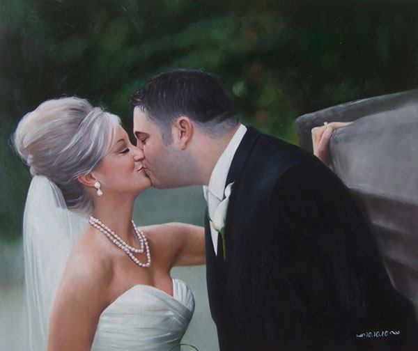 a custom oil painting of a wedding couple kissing