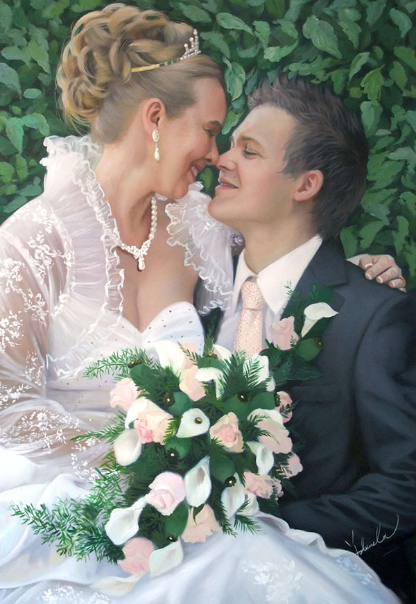 an oil painting of a wedding couple kissing in the leaves