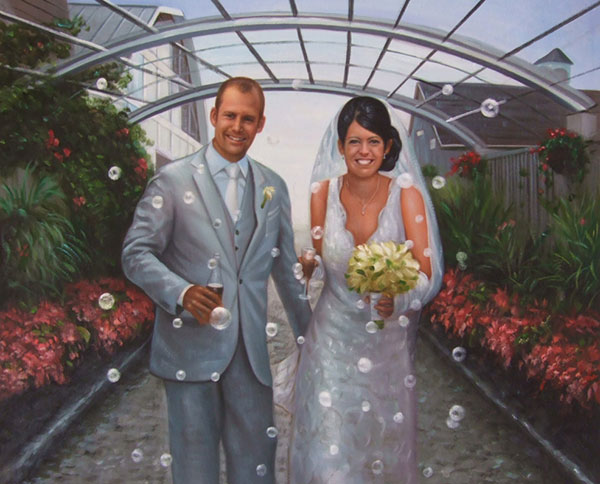 an oil painting of a wedding couple in the garden