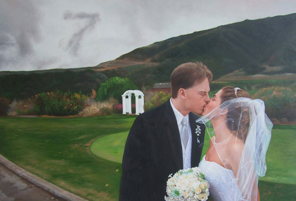 an oil painting of a wedding couple kissing outdoors