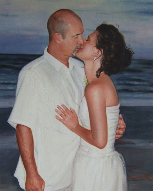 an oil painting of a wedding couple kissing by the sea