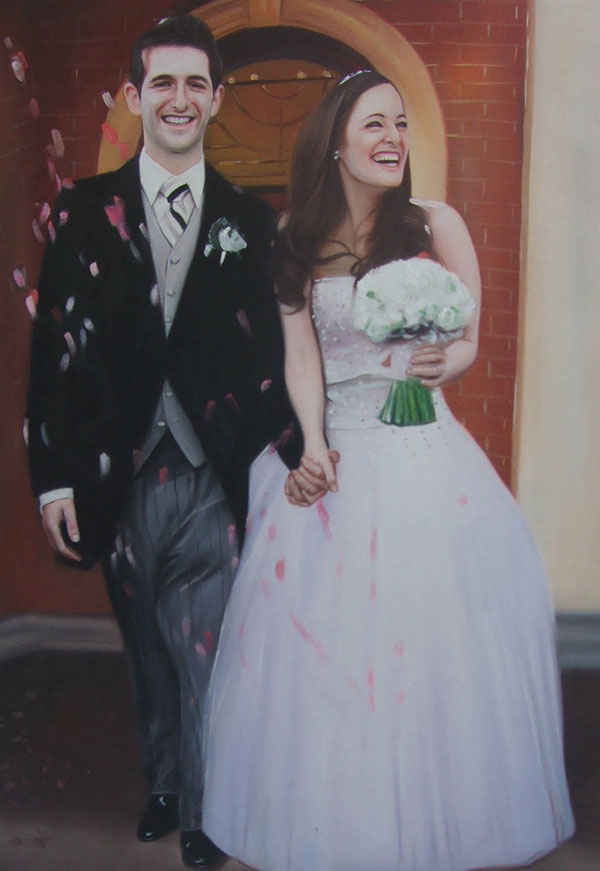 an oil painting of a happy wedding couple holding hands