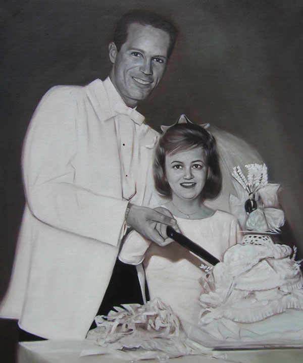 black and white oil painting of a wedding couple cake
