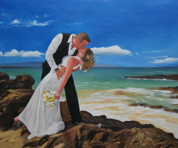 a custom oil painting of of groom kissing bride at the beach