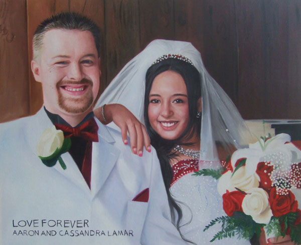 an oil painting of a wedding couple relaxing at the bench