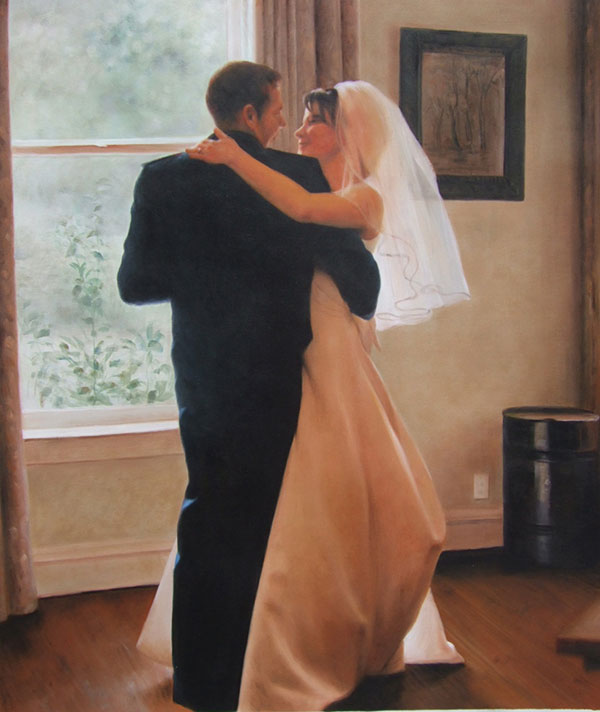 an oil painting of a wedding couple dancing alone