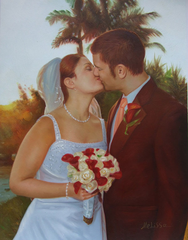 an oil painting of a wedding couple kissing sunset