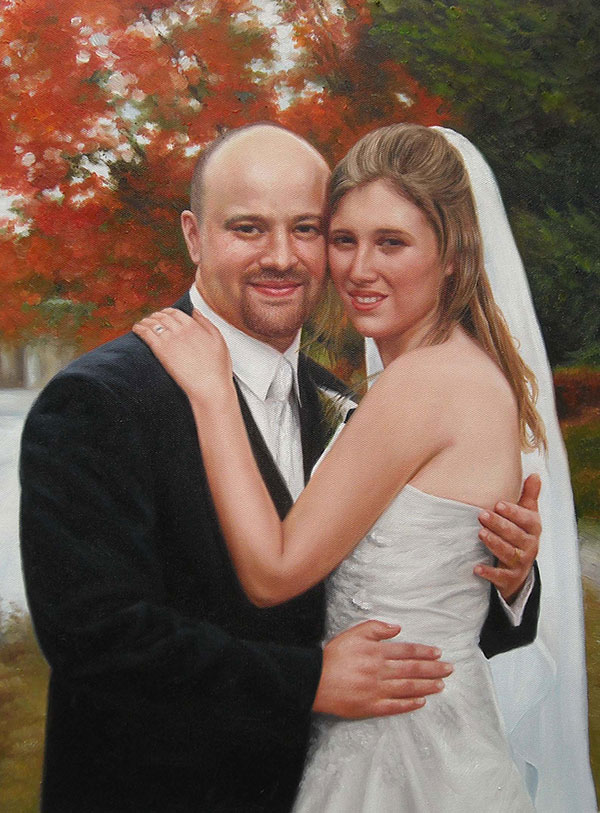 an oil painting of a wedding couple hugging fall