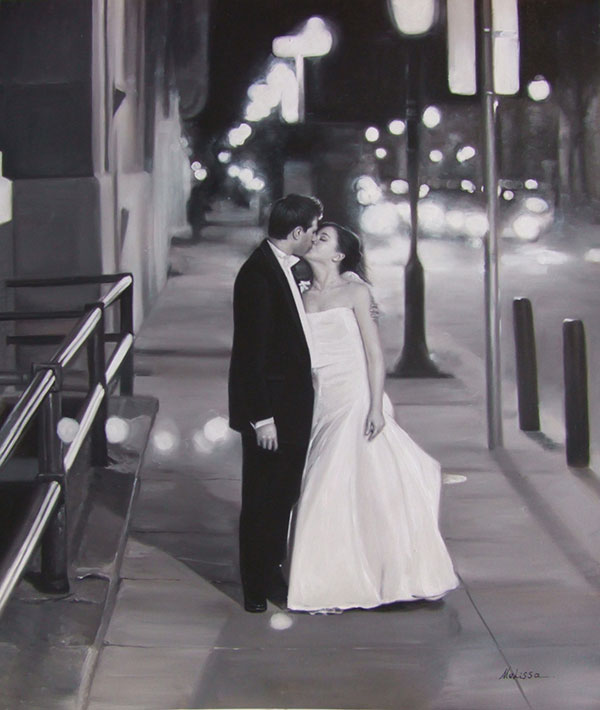 a black and white oil painting of a wedding couple kissing