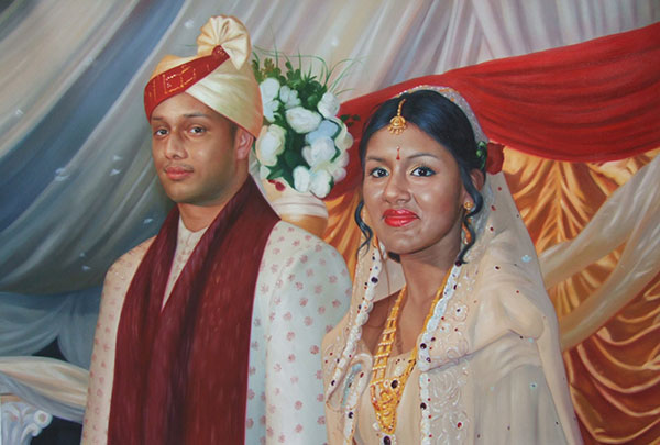 a custom oil painting of an indian wedding couple