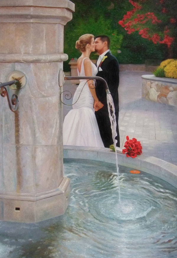 a custom oil painting of a wedding couple kissing outdoors