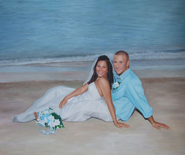 an oil painting of a wedding couple sitting by the beach