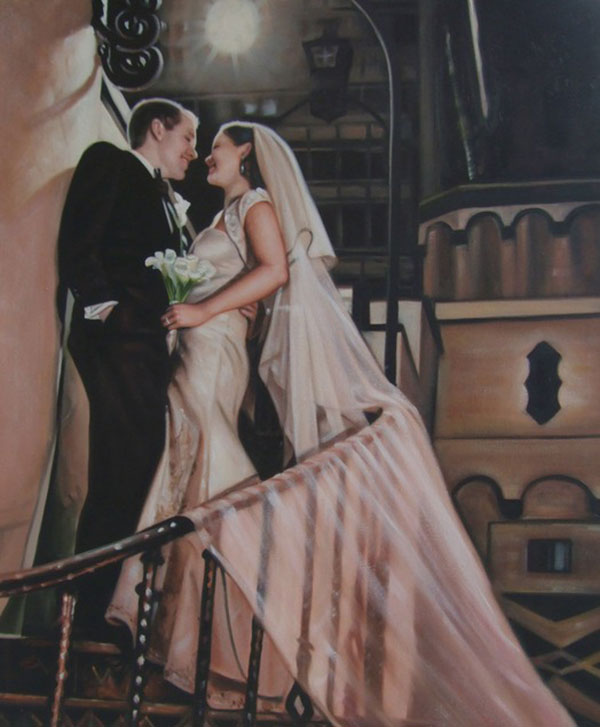 an oil painting of wedding couple on the stairs