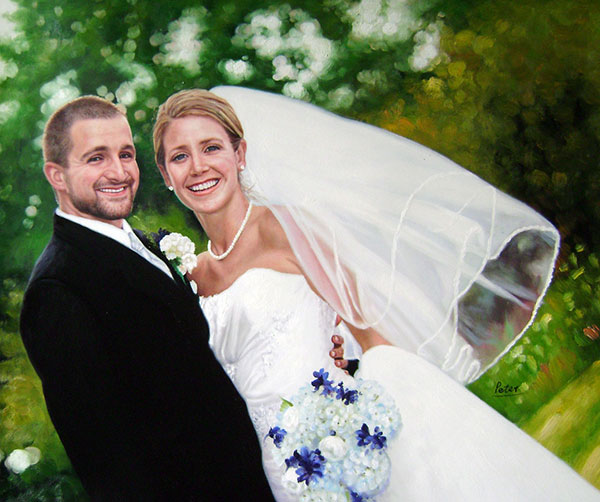 a custom oil painting of a wedding couple outdoors