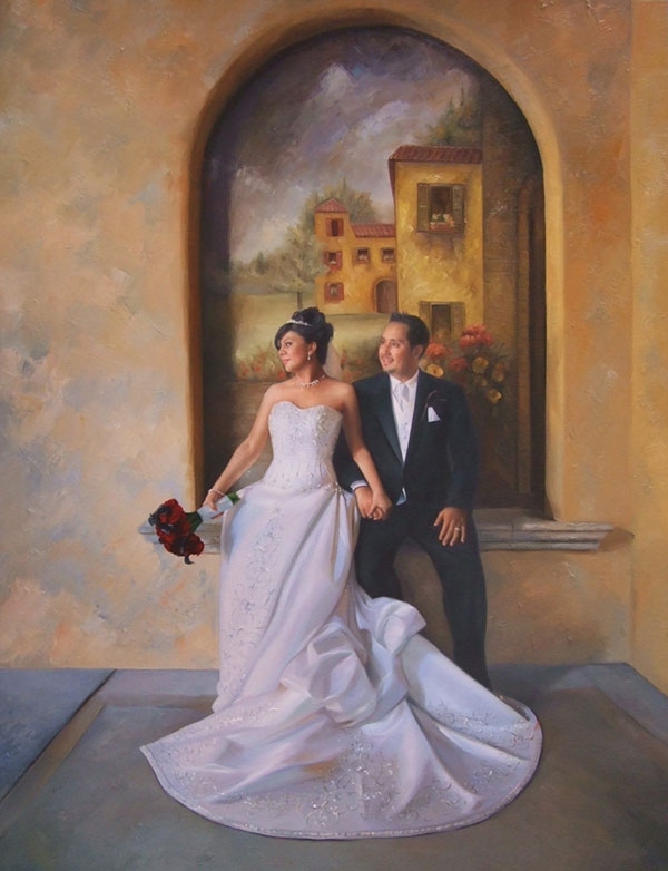 an oil painting of a wedding couple sitting by a painting