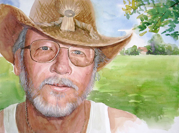 custom watercolor painting of man in cowboy hat by field
