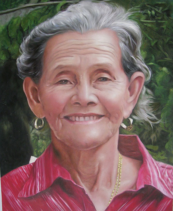 an oil painting of an ederly woman