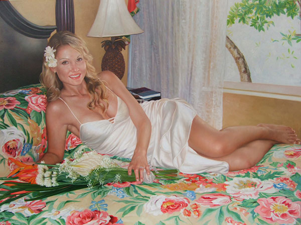 a custom oil painting of a woman on the bed