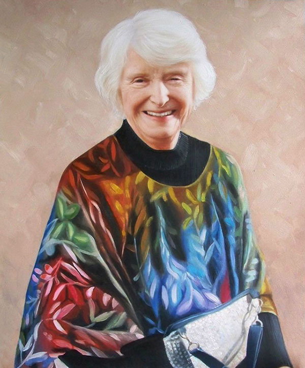 a custom oil painting of elderly woman smiling