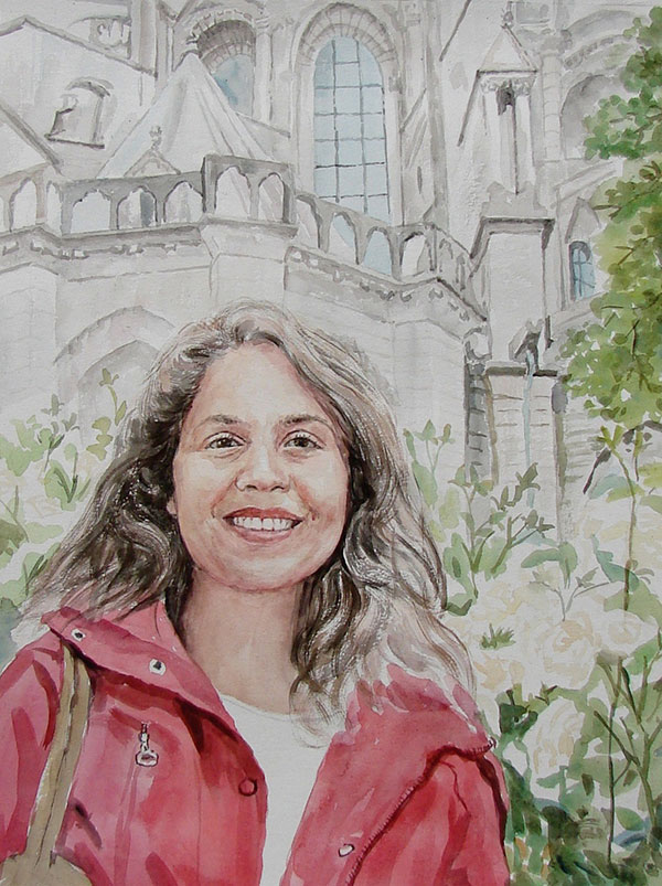 custom watercolor painting of woman in front of house