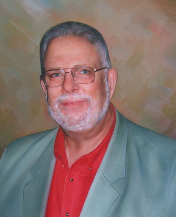 a custom oil painting of an elderly guy in light grey
