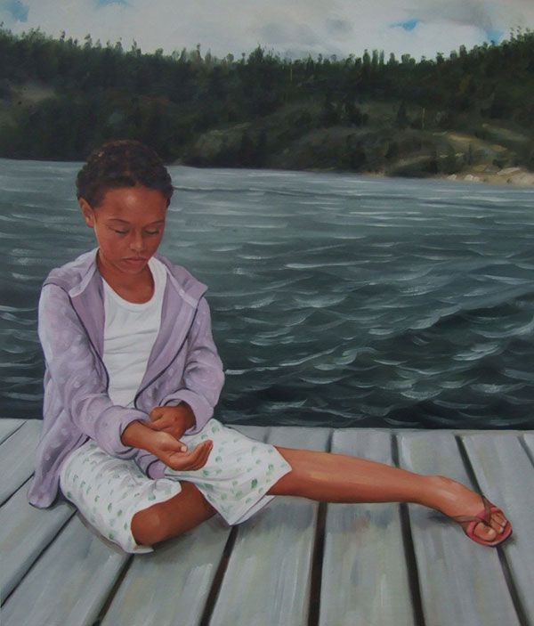an oil portrait painting of a young black woman on dock