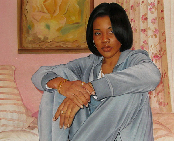 a custom portrait of young black female in grey suit