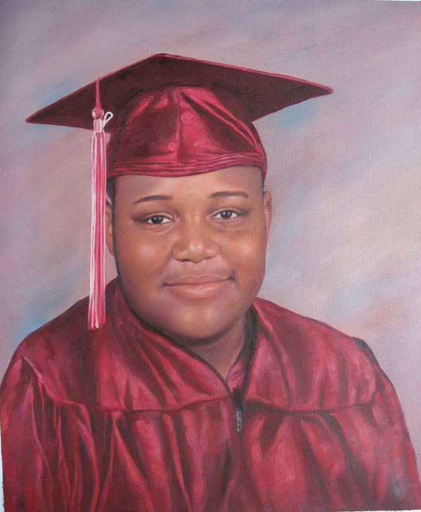 a custom oil painting of a black student graduating