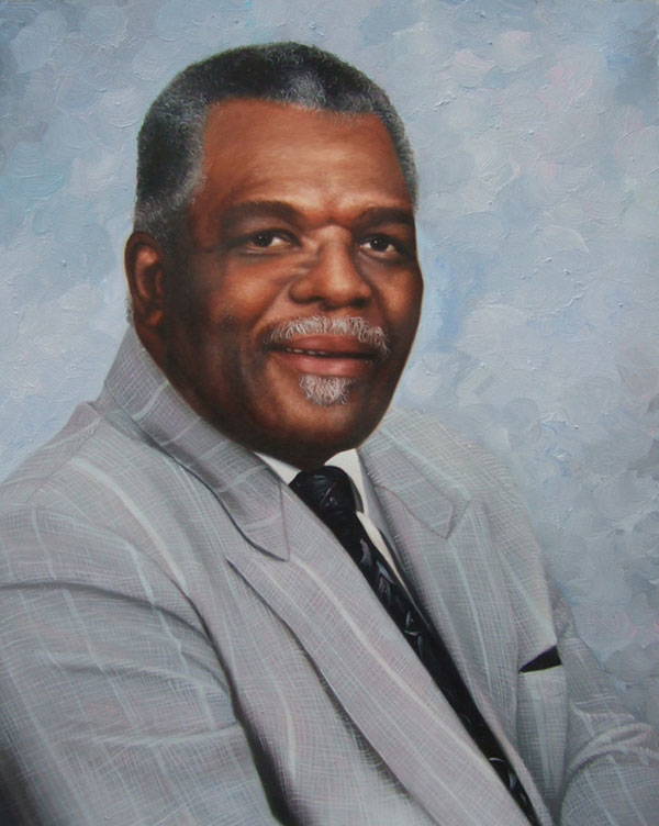 a custom oil painting of a black man in grey suit