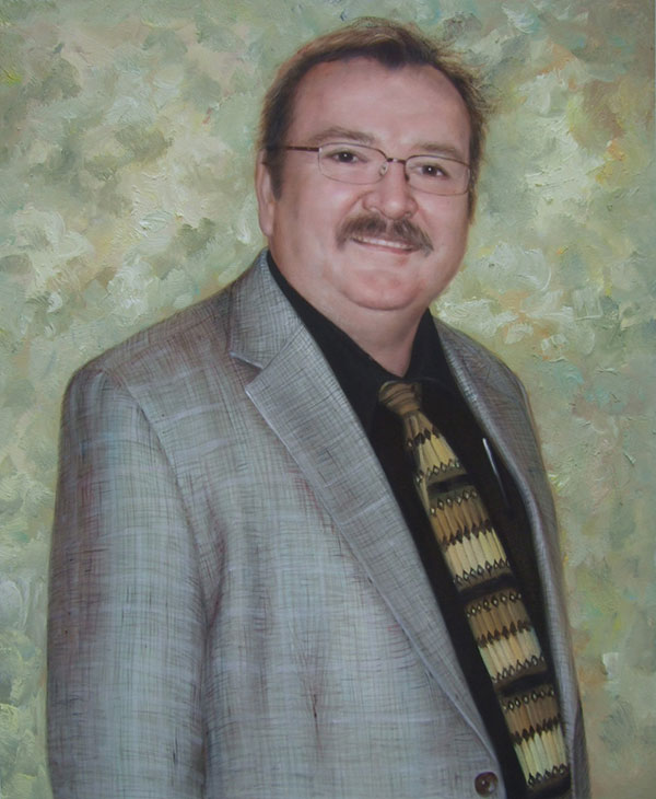 a custom oil painting of a man with a mustache and glasses