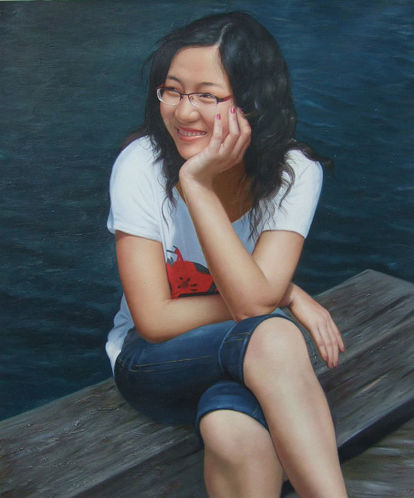 a custom oil portrait of young asian woman on docks