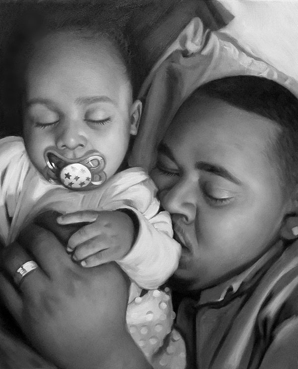 family portrait in oil - black and white - father and son