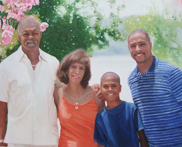 a custom oil painting of a black family outdoors