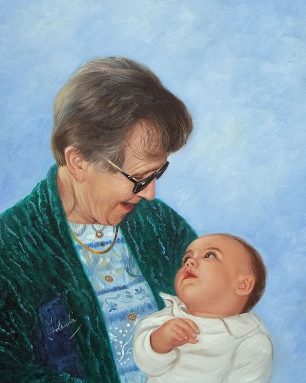 an oil painting of grandmother seeing her grandkid