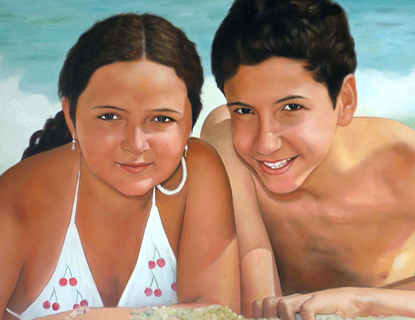 a custom oil painting of friends at the beach