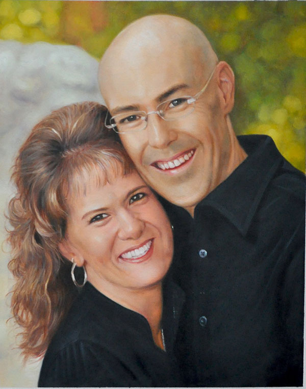 paint a picture of happy couple bald man hugging woman