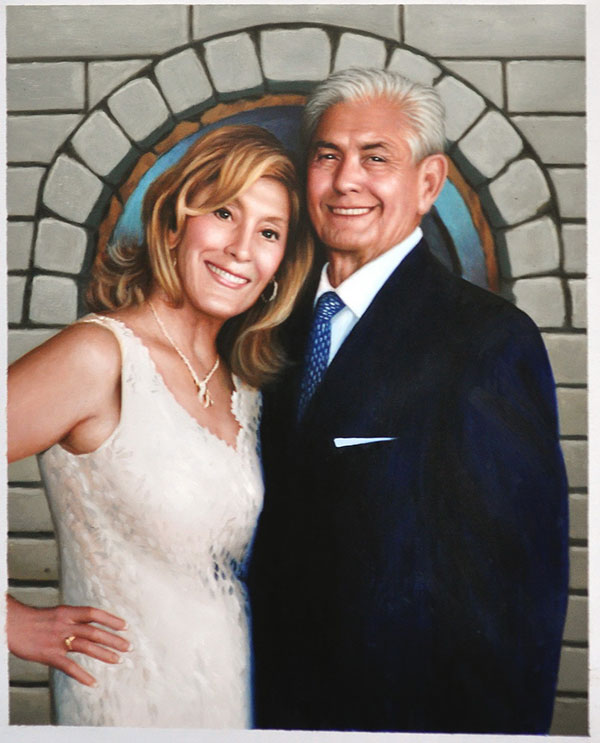 custom oil portrait of happy couple woman in dress