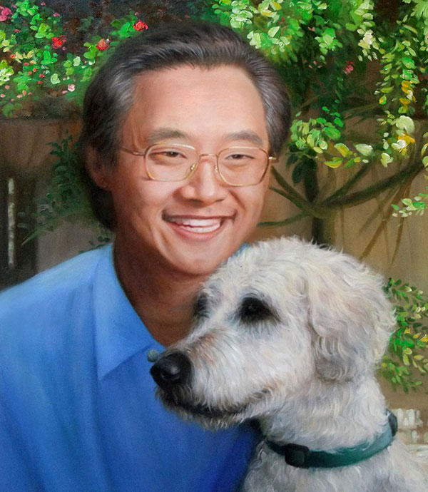 oil painting of Asian man hugging white dog
