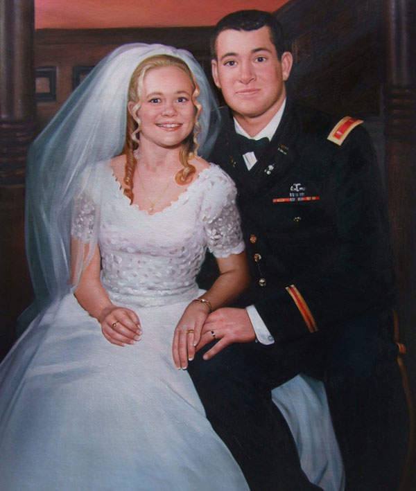 a custom oil painting of a wedding couple