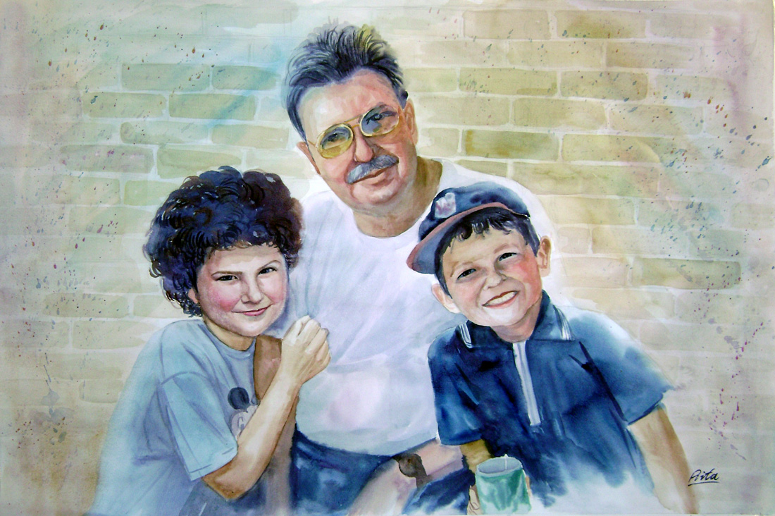 custom watercolor painting of family day out