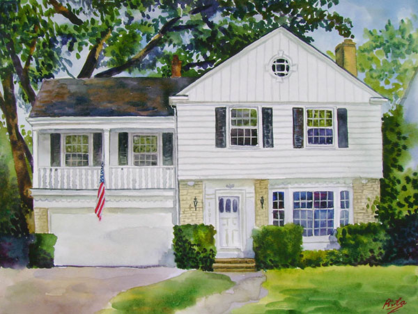 custom watercolor painting of white house with american flag