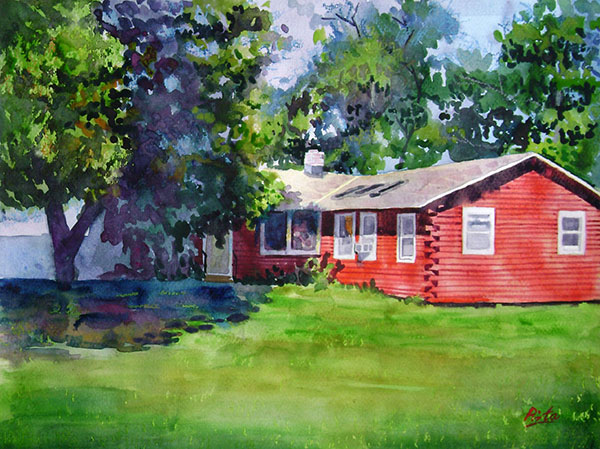 custom watercolor painting of a red house