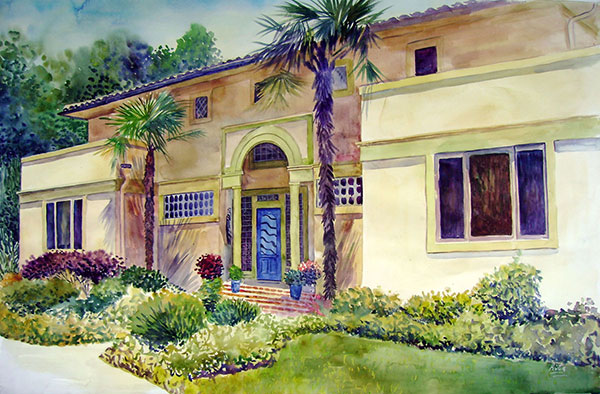 custom watercolor painting of a yellow house