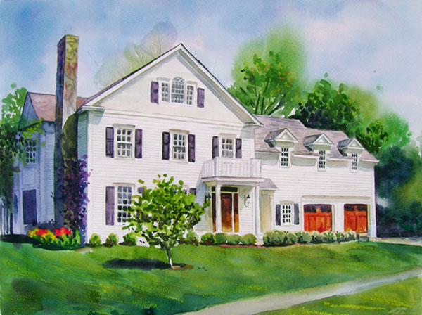 custom watercolor painting of a big white house